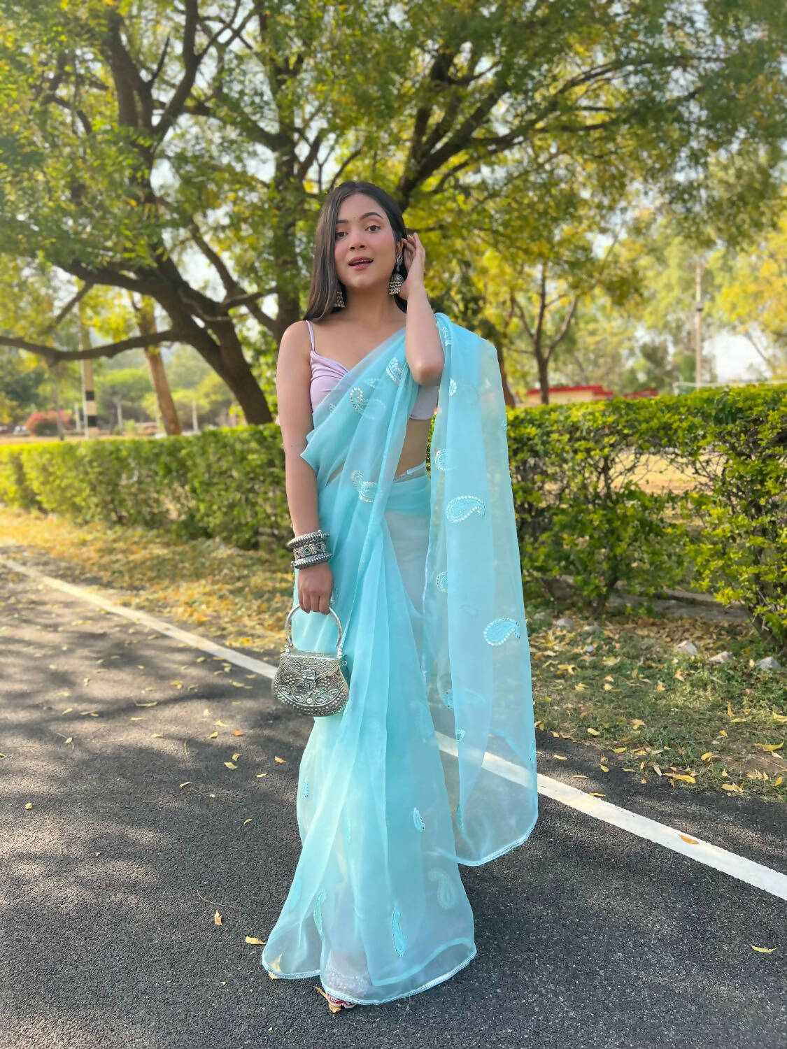 Vastrasky Sky Blue Organza Saree - Distacart