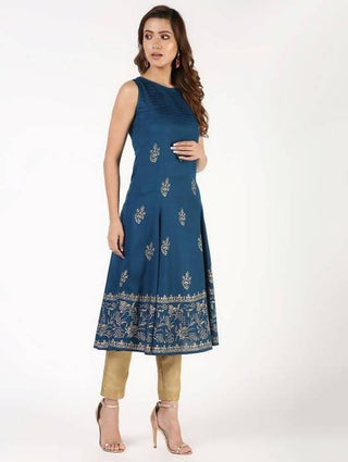 Aniyah Rayon Block Print Flared Blue Kurta (AN-149K)