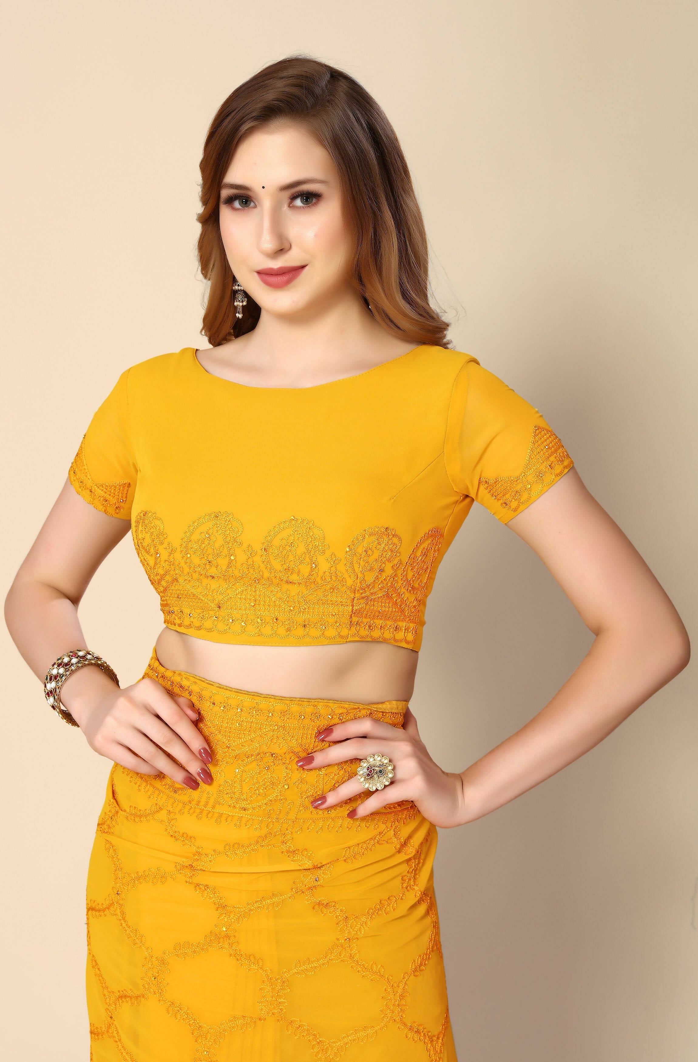 Mustard Georgette Embroidered and Stone Work Saree with Unstitched Blouse Piece - Roozal - Distacart