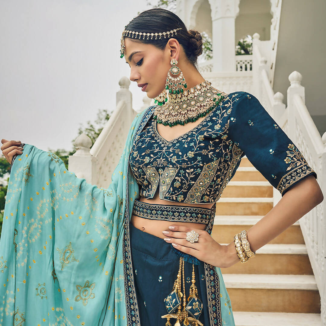 Navy Blue Heavy Viscose Khatli, Embroidery & Mirror Work Unstitched Lehenga Choli - Sisha Keshav - Distacart