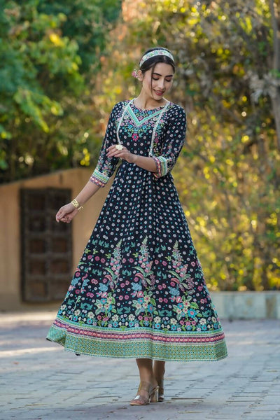 Juniper Women Black Rayon Printed Anarkali Dress - Distacart