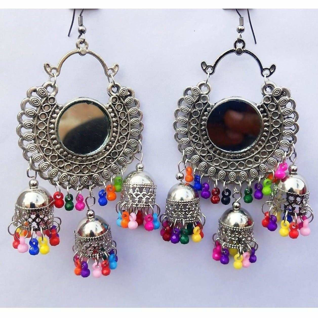 Silver Oxidized Mirror Hanging Triple Jhumka Multi Color Pearls Afghani Antique Earrings