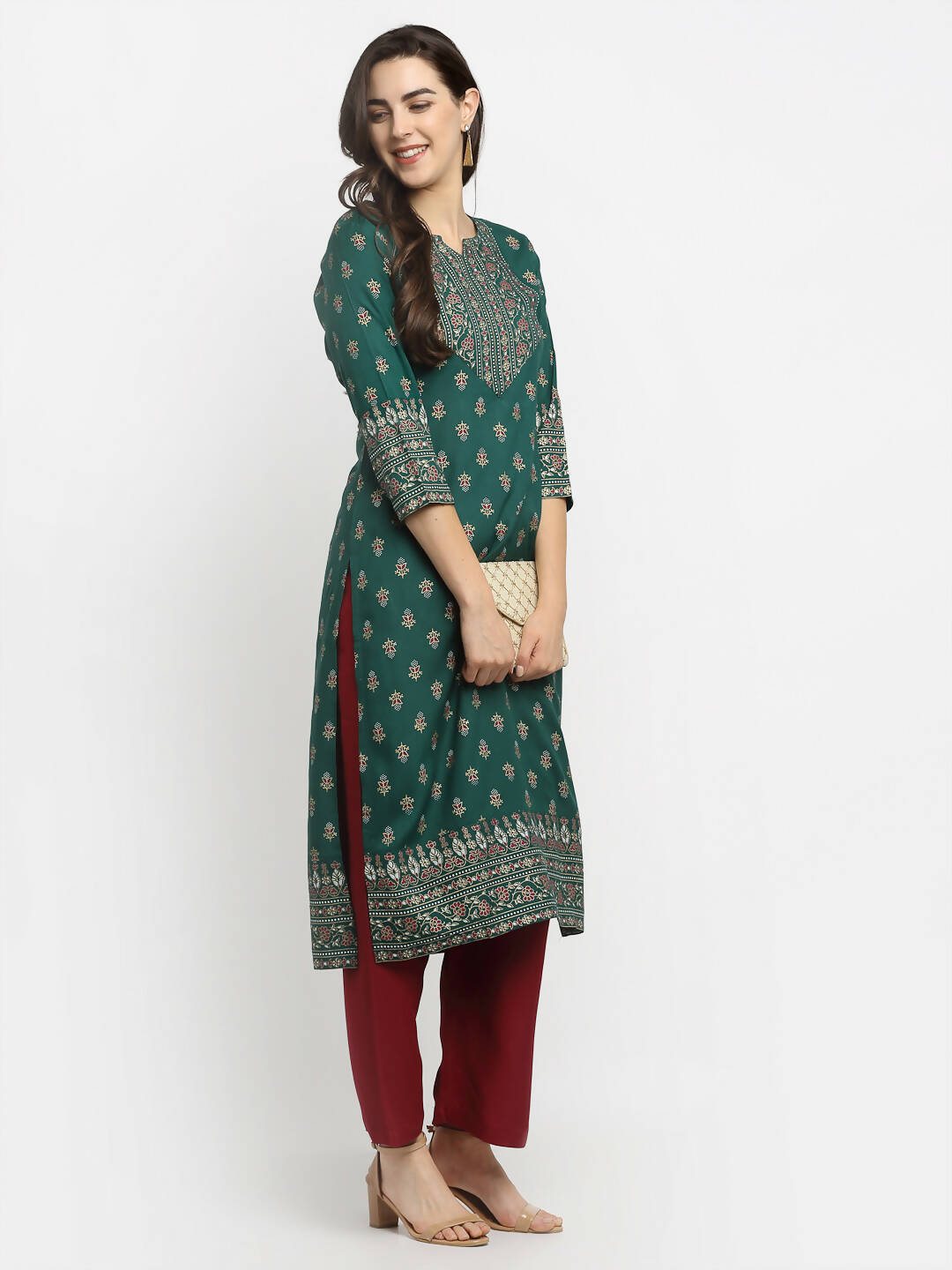 Rudra Bazaar Green Printed Yoke Designed Straight Kurta with Maroon Pyjamas - Distacart
