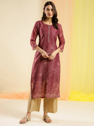 Maroon Chinon Digital Printed With Hand Work Kurta - Himanshi - Distacart