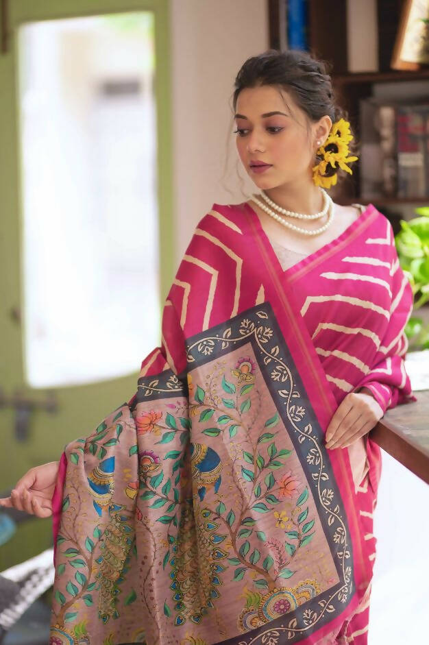 Vishnu Weaves Women's Pink Soft Tussar Silk Digital Printed Saree with Unstitched Blouse - Distacart