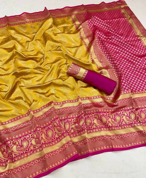 DEIANA'S Beautiful Golden Jari with New Design Soft Lichi Silk Saree - Yellow - Distacart