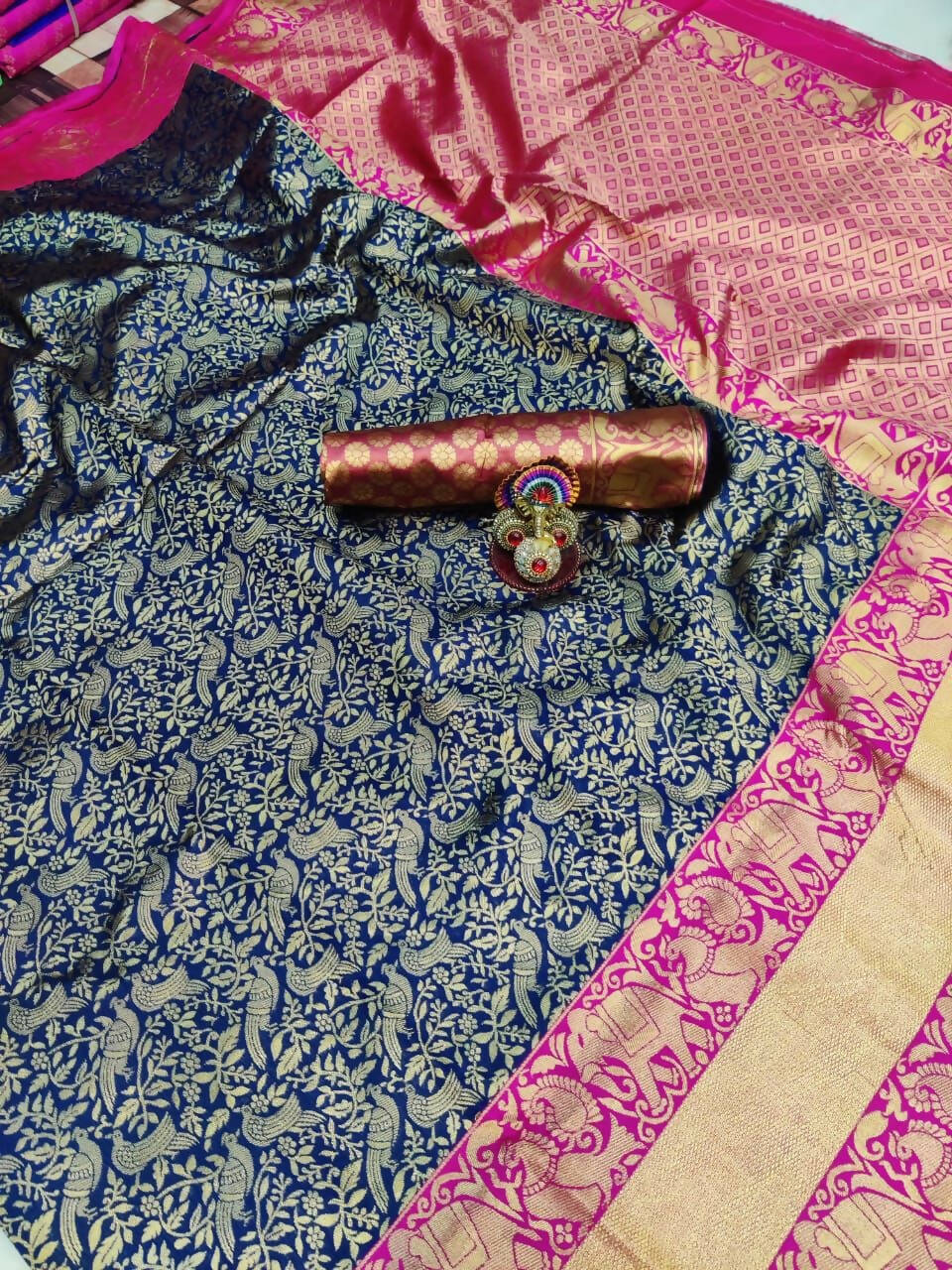 DEIANA'S Beautiful Golden Jari with New Design Soft Lichi Silk Saree - Blue - Distacart