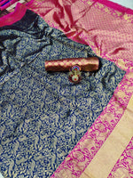 Thumbnail for DEIANA'S Beautiful Golden Jari with New Design Soft Lichi Silk Saree - Blue - Distacart