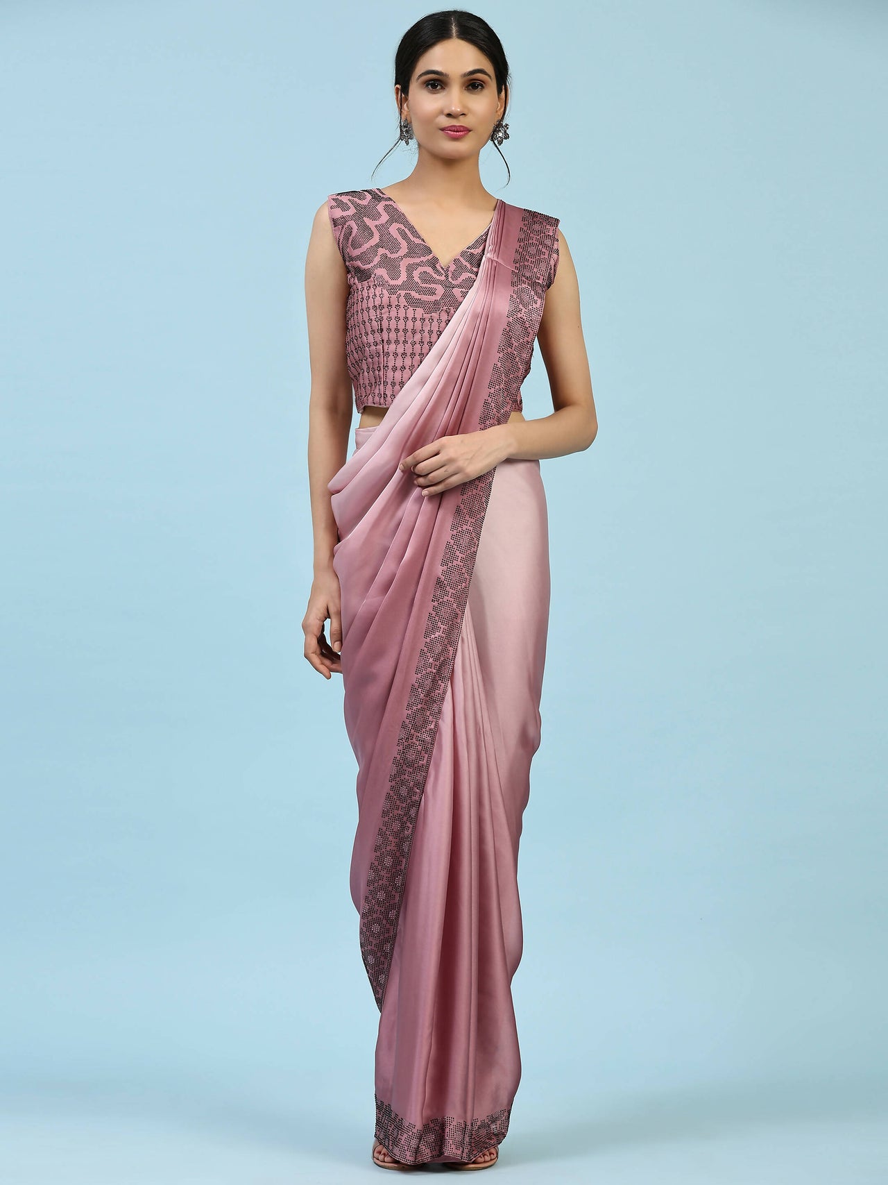Purple Ombre Satin Georgette Plain Ready to wear Saree with stitched Blouse - Vrinda - Distacart