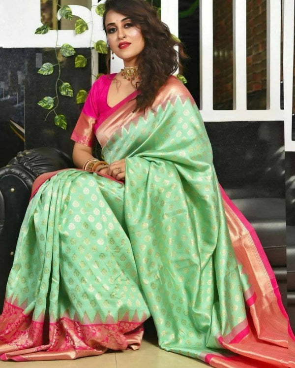 DEIANA'S Beautiful Golden Jari with New Design Soft Lichi Silk Saree - Pista - Distacart