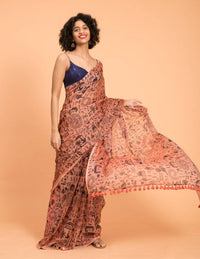 Thumbnail for Suta Peach Blue Warli Printed Pure Cotton Saree - Distacart