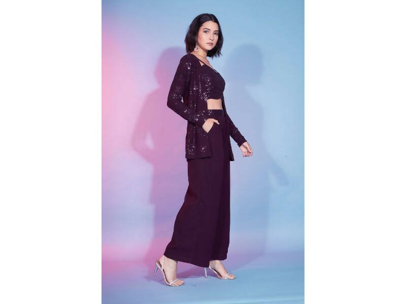 Maroon Georgette Sequence With Thread Designer Co-Ord Set - Flory - Distacart