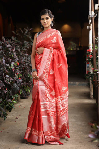 Very Much Indian Organic Linen With Handblock Printing Saree - Red - Distacart