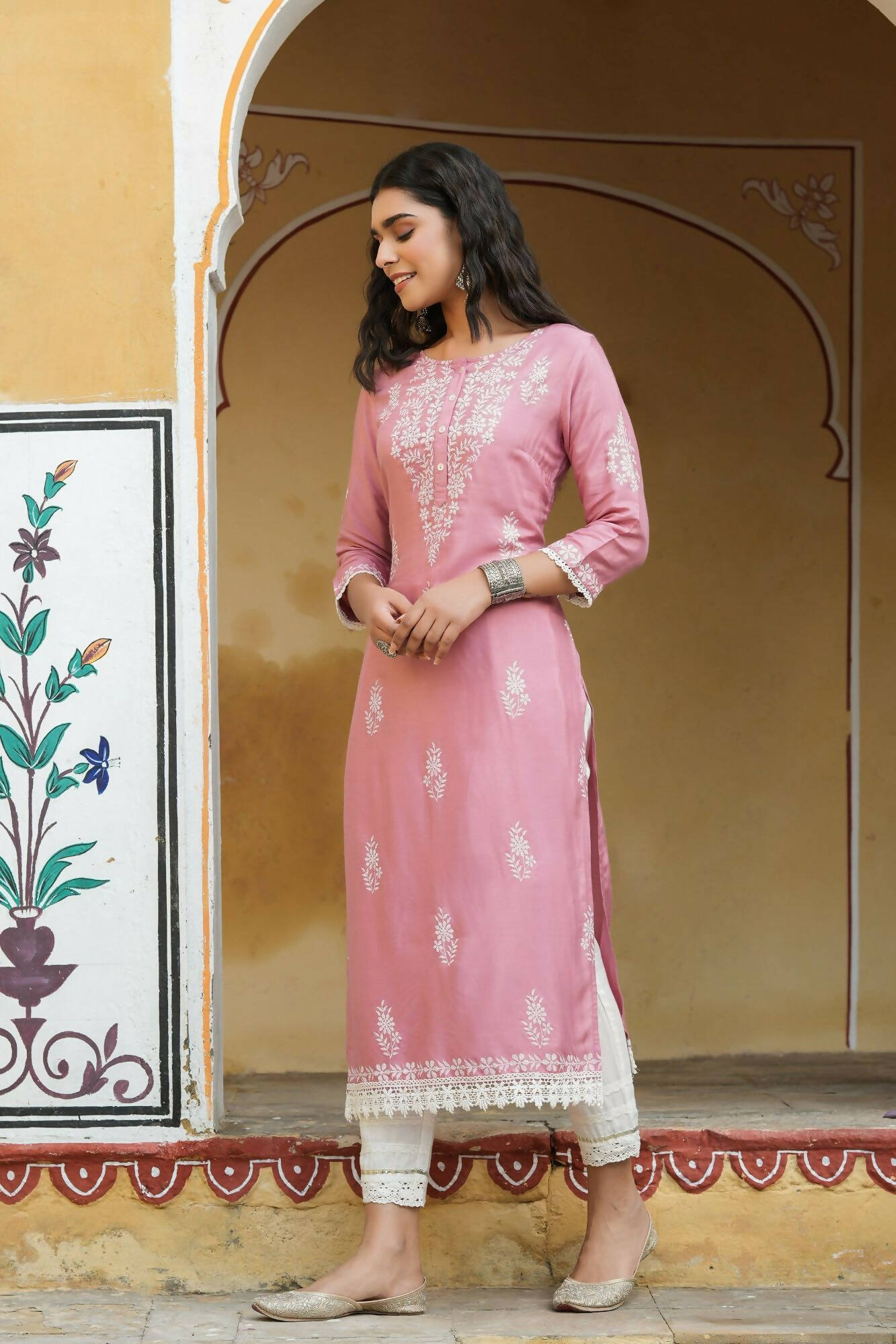 Juniper Women's Onionpink Shantoon Printed Straight Kurta - Distacart