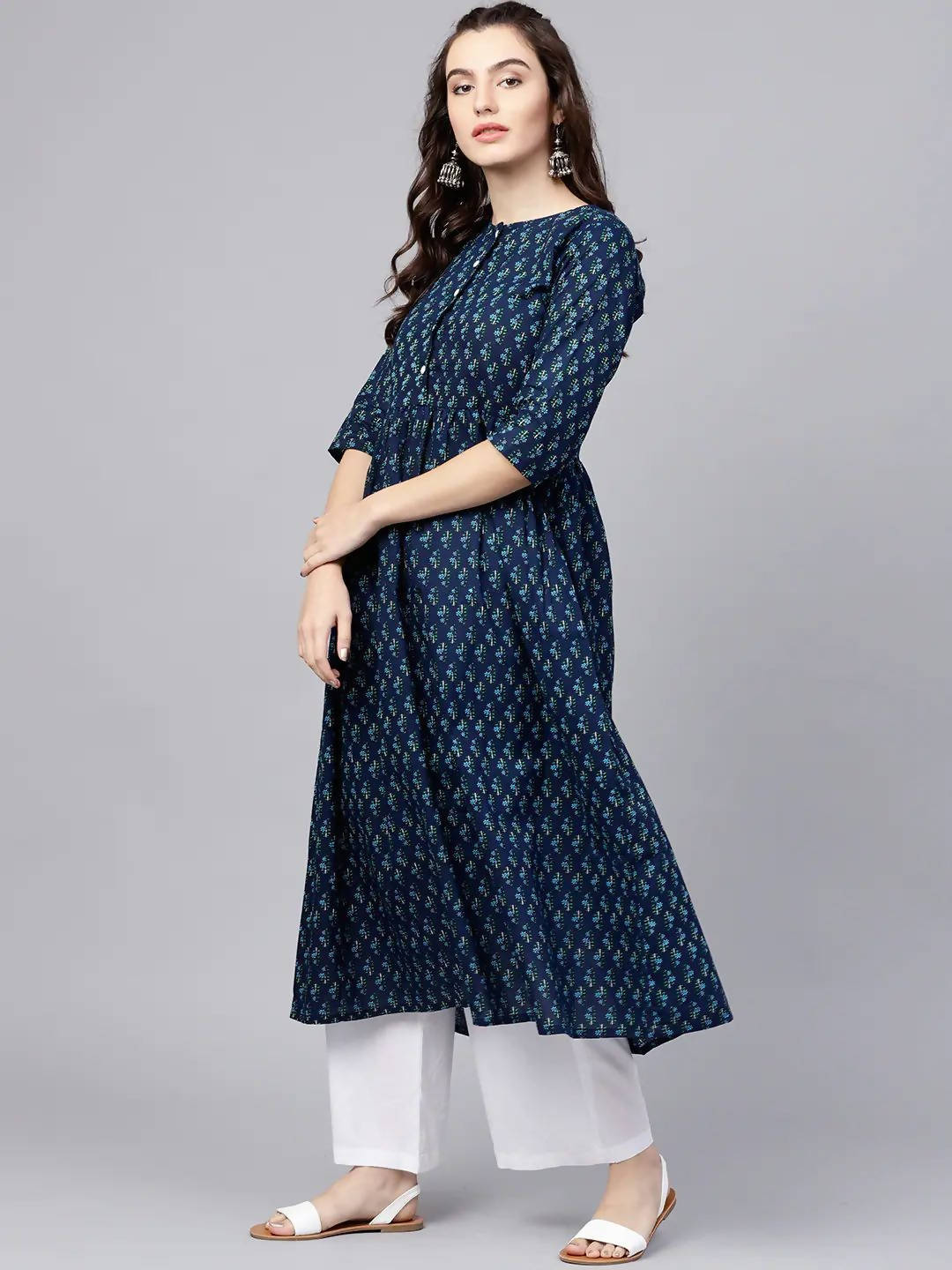 Vamika Navy Blue Printed Cotton Party/Casual Wear Kurta Set/Suit