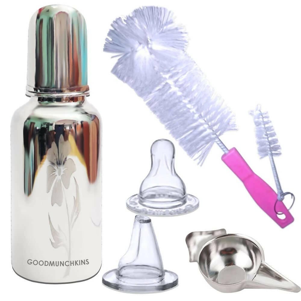 Goodmunchkins Stainless Steel Feeding Bottle with Bottle Cleaning Brush/Chakku/Anti Colic Silicone Nipple Combo-(300ml,Pink) - Distacart