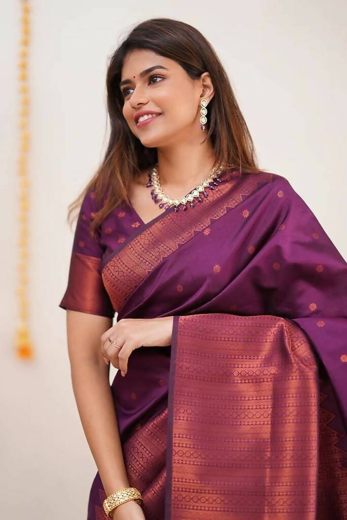 DEIANA'S Beautiful Golden Jari with New Design Soft Lichi Silk Saree - Wine - Distacart
