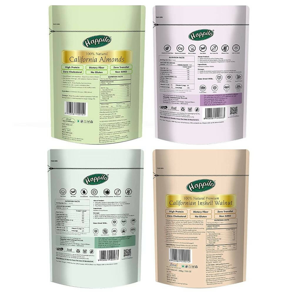 Happilo Premium Californian Almonds, Whole Cashews, Raisins & Walnuts Inshell Combo - Distacart