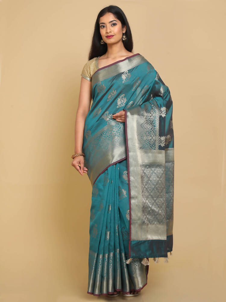Kalamandir Ethnic Motifs Sea Green Silk Blend Saree