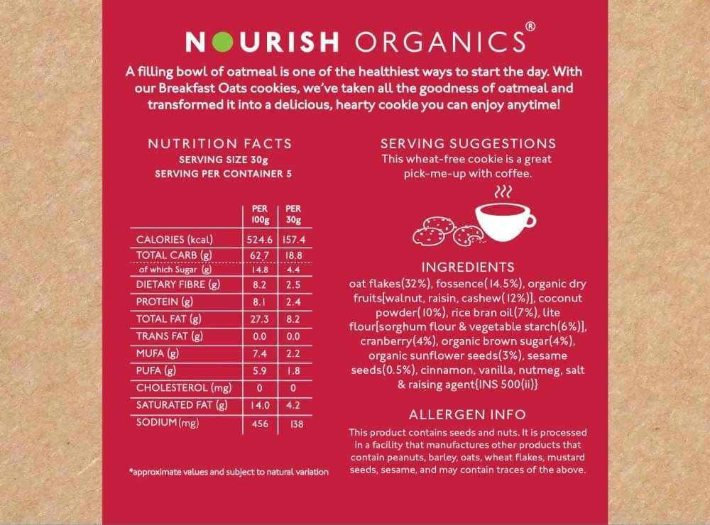 Nourish Organics Oats Cranberry Cookies ingredients