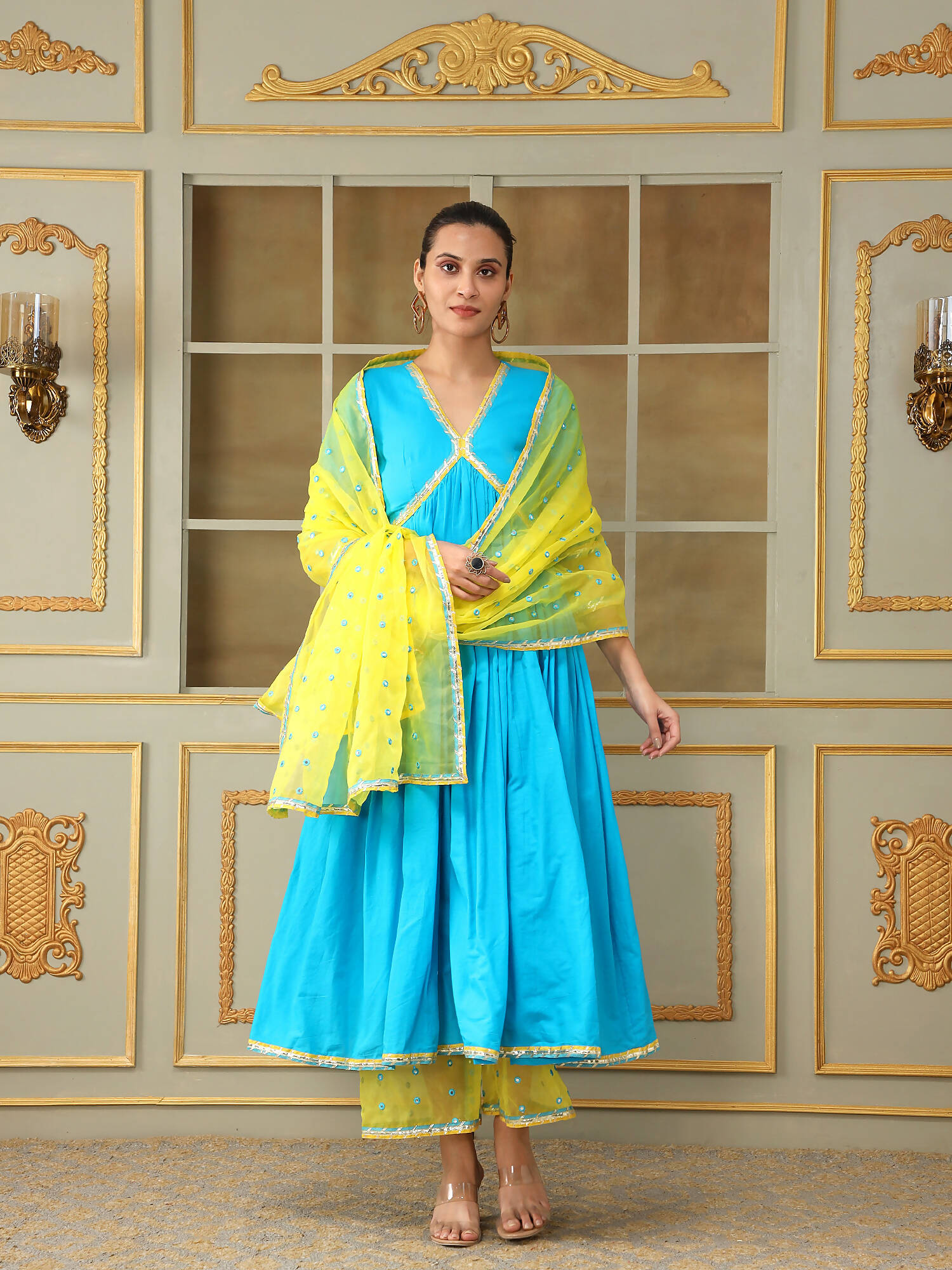 Pomcha Jaipur Blue Saadgi Blue Mirror Work Anarkali Set - Distacart