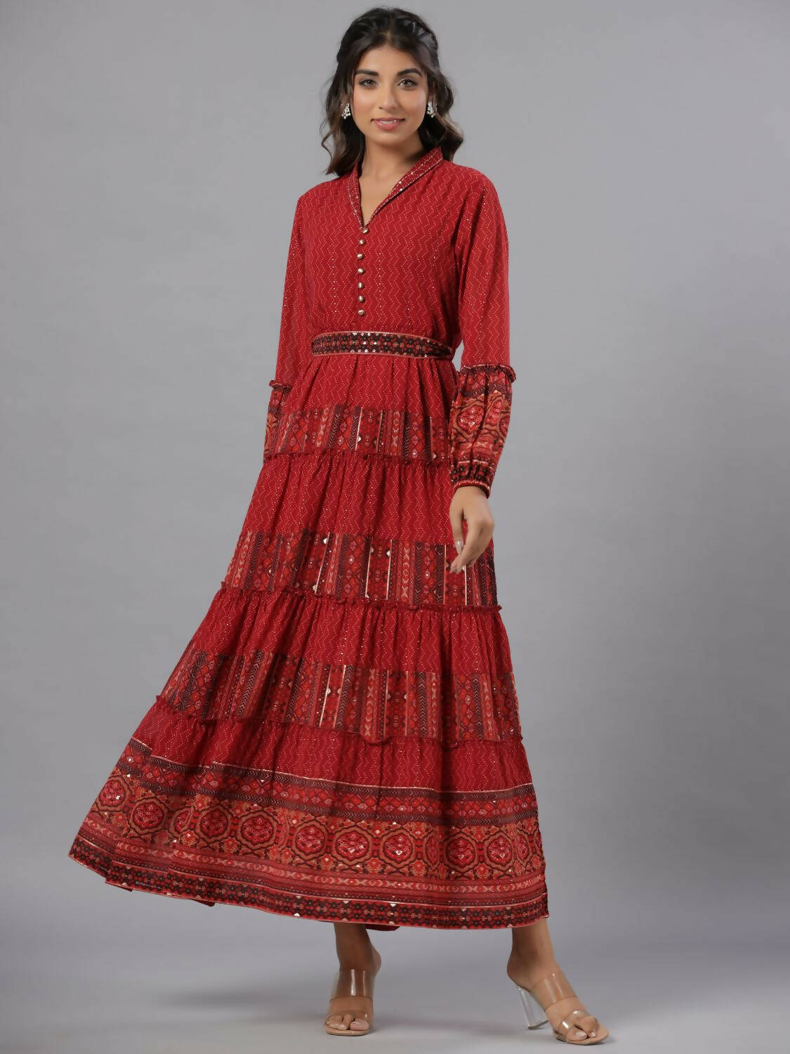 Juniper Women Rust Georgette Printed Tiered Maxi Dress - Distacart