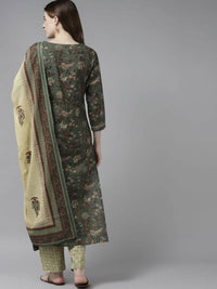 Thumbnail for Yufta Women Green and Beige Floral Print Pure Cotton Kurta with Palazzo and Dupatta
