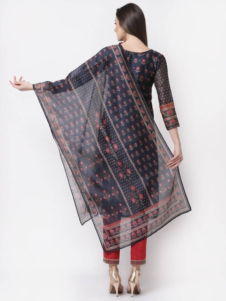 Myshka Blue Color Chanderi silk Printed Kurta With Pant Dupatta Set