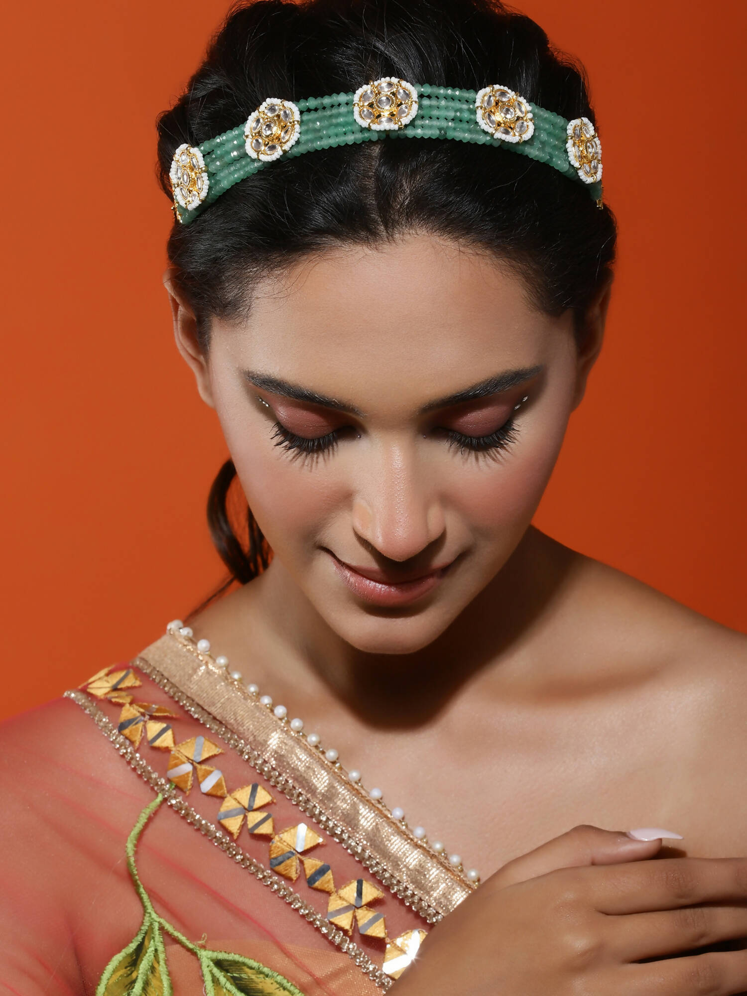 Gold-Plated Green Kundan Studded Headband - Ruby Raang - Distacart