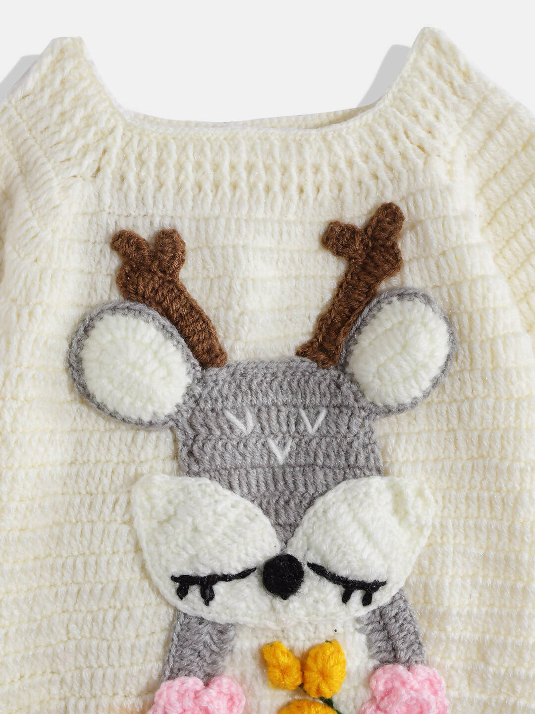Chutput Kids Woollen Hand Knitted Full Sleeves Deer Detail Sweater - Cream - Distacart