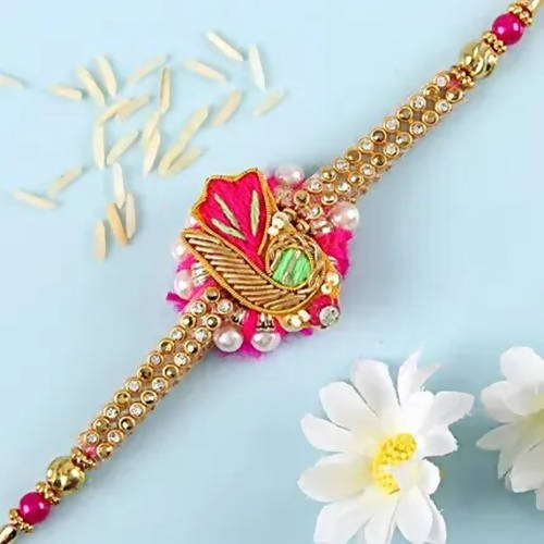 Delightful Pink Zardosi Rakhi & Fruit N Nut Chocolates - Distacart