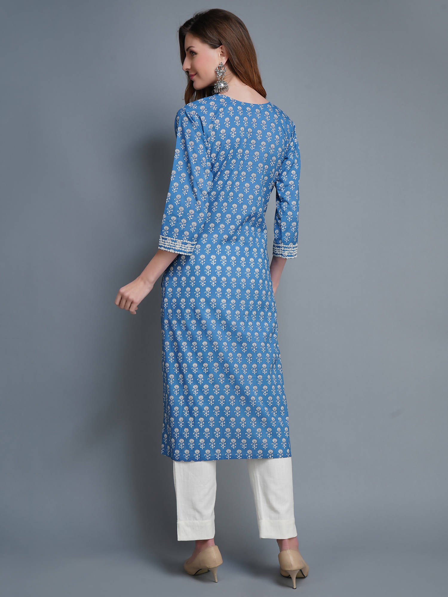 Shehnaai Blue Colour Cotton Kurta With Floral Motifs