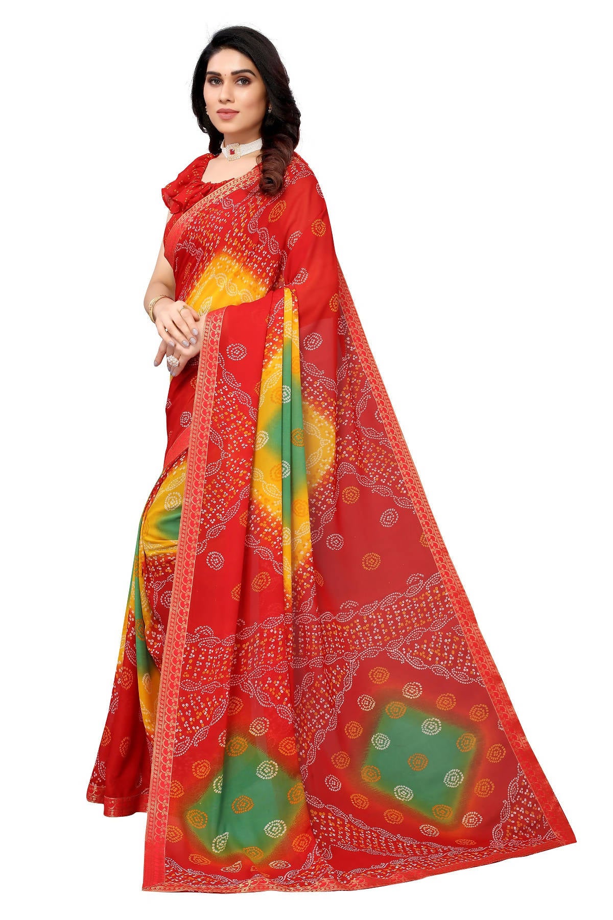 Vamika Ethnic Fire Red Printed With Lace Saree - Distacart