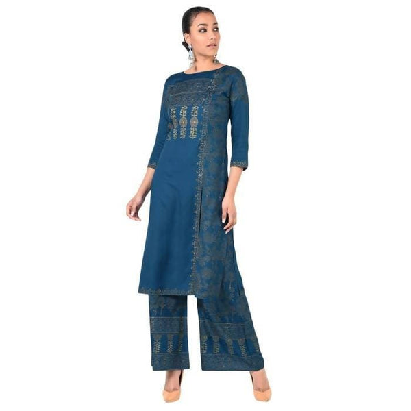 Aniyah Rayon Block Print Front Slit Straight Kurta With Palazzo Set In Blue (AN-166K)