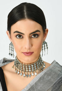 Thumbnail for Mominos Fashion Johar Kamal Oxidised Silver-Plated Alloy Finish Mirror Choker For Women - Distacart