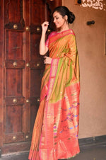 Thumbnail for Very Much Indian Handloom Yeola Pure Silk Paithani - Dual Tone Green Pink - Distacart