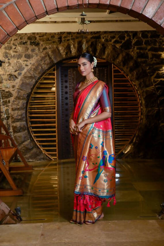 Vishnu Weaves Women's Rani Pink Paithani Silk Zari Woven Saree with Unstitched Blouse - Distacart