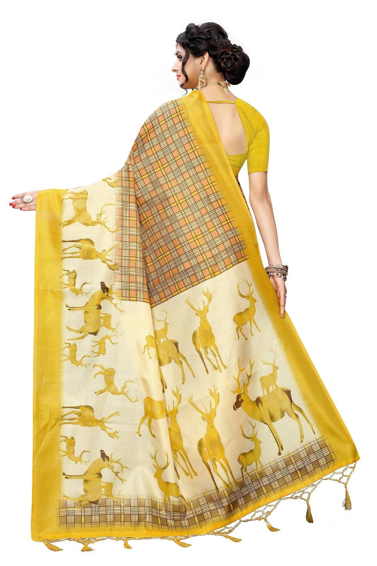 Vamika Multicolor & Yellow Kalamkari With Jhalar Khadi Silk Saree
