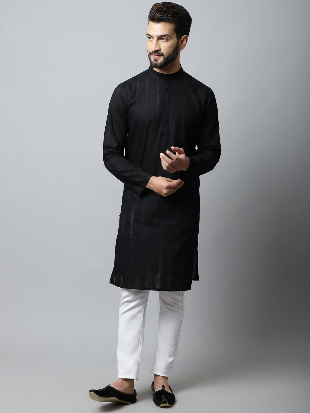 Even Apparels Black Color Pure Cotton Men's Kurta With Band Collar (STR1188) - Distacart