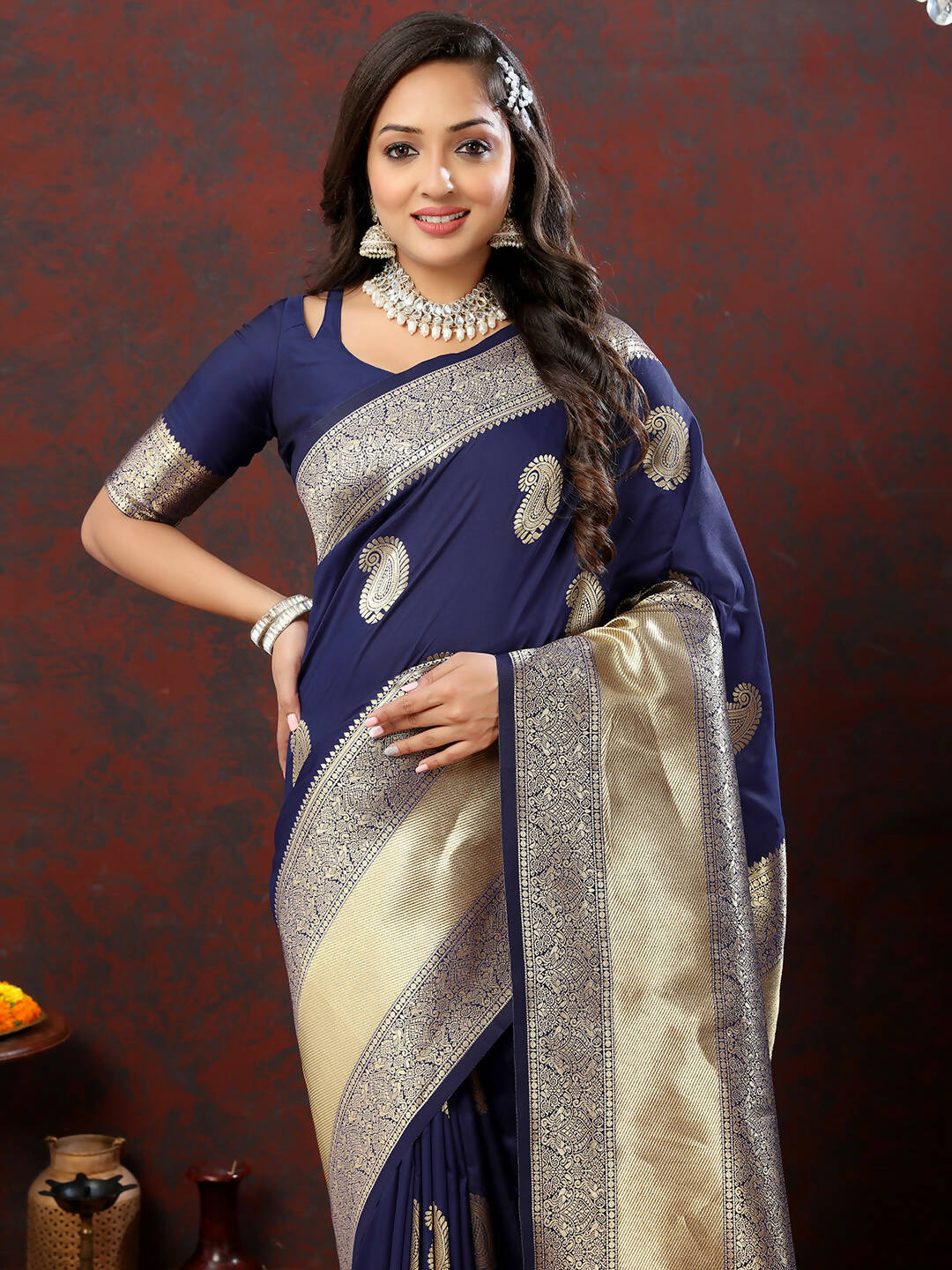 Lorenvalley Fashion Navyblue Soft Silk Woven Design Gold Zari Weaving Saree - Distacart