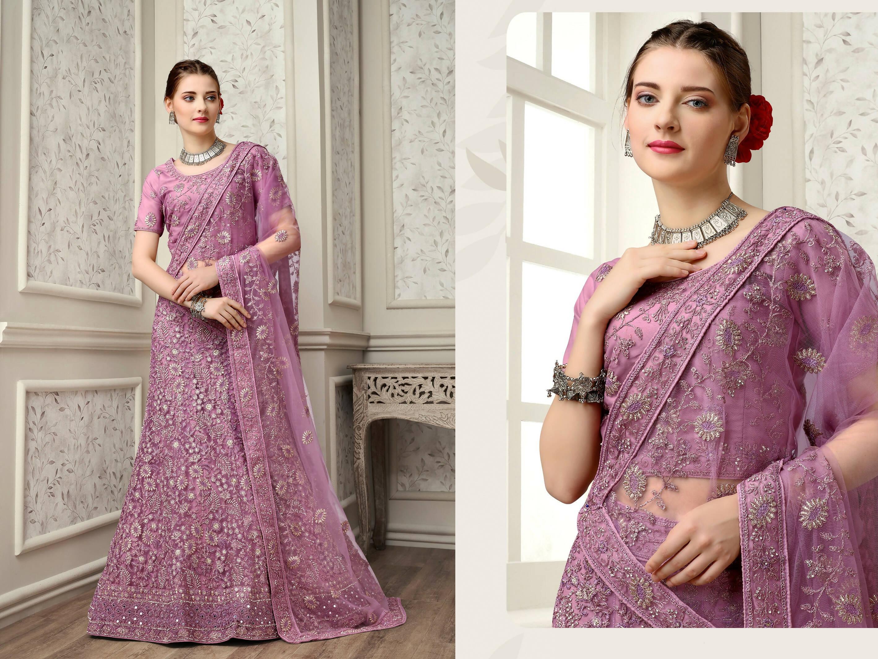 Lavender Net Fancy Zari Embroidered work Lehenga Choli with Dupatta - Heer - Distacart