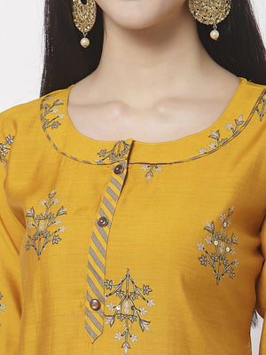 Myshka Women Mustard Yellow Ethnic Motifs Embroidered Panelled Kurti with Trousers With Dupatta - Distacart