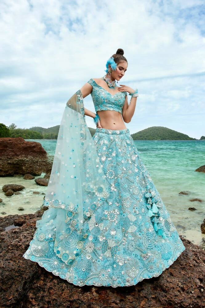 House of Panchhi Sky Blue Organza Sequins, Zarkan And Thread Embroidery Lehenga Choli & Dupatta - Distacart