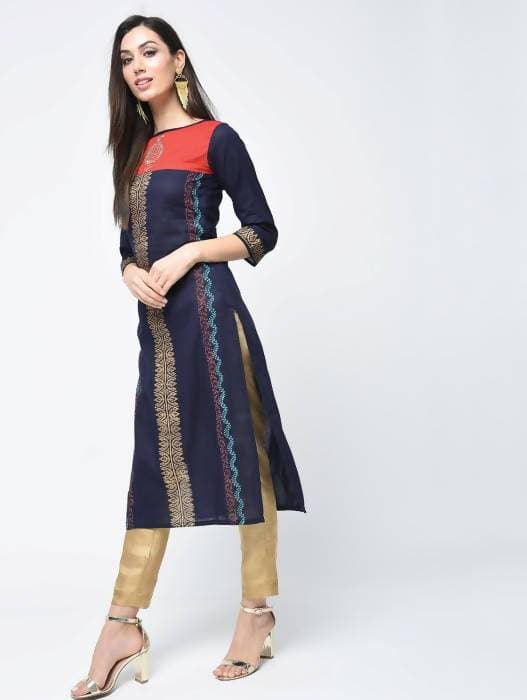 Aniyah Cotton Block Printed Stylish Blue Straight Kurta (AN-121K)