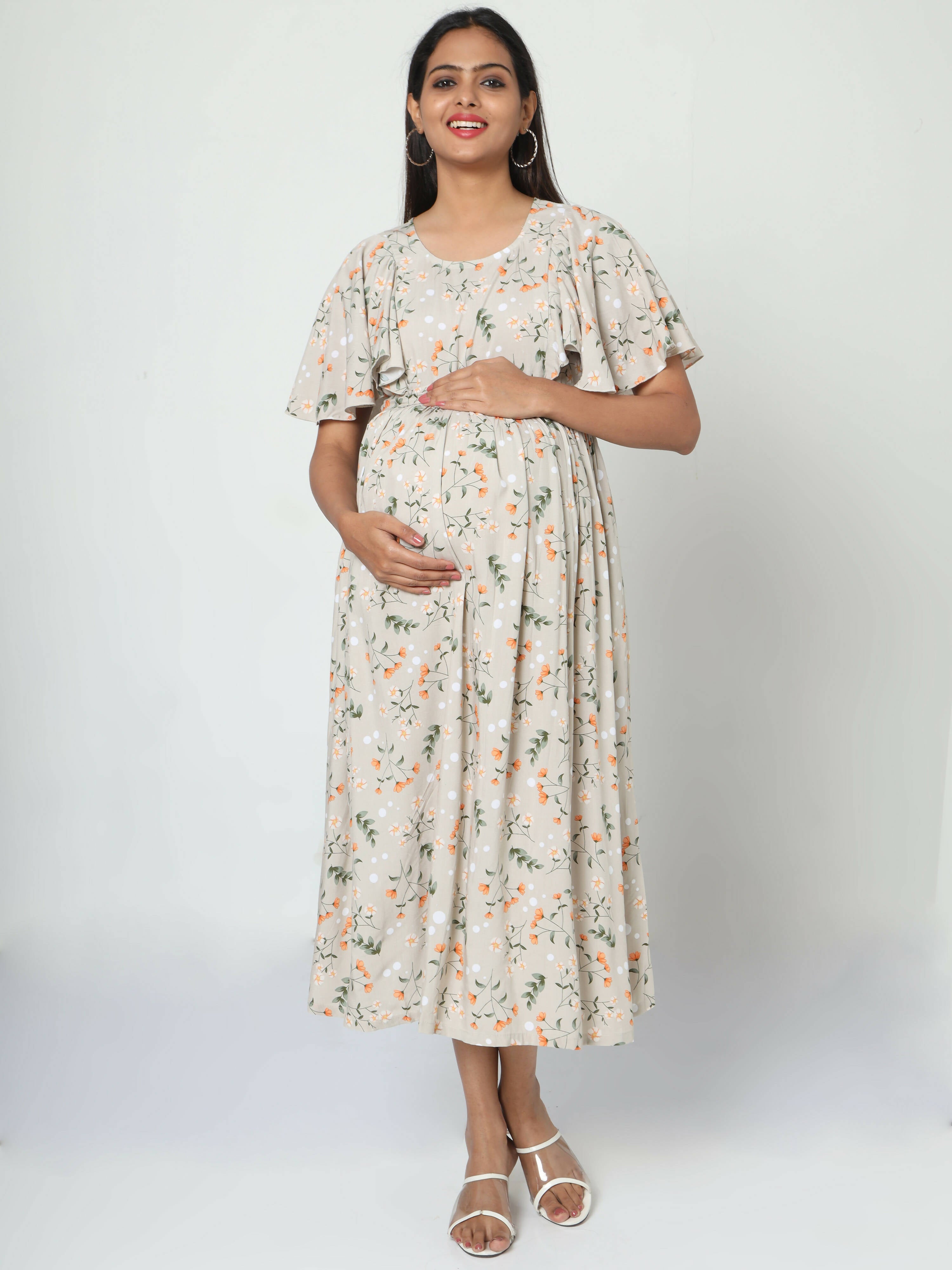 Manet Frill With Sleeves Maternity Dress Floral Print With Concealed Zipper Nursing Access - Cream - Distacart