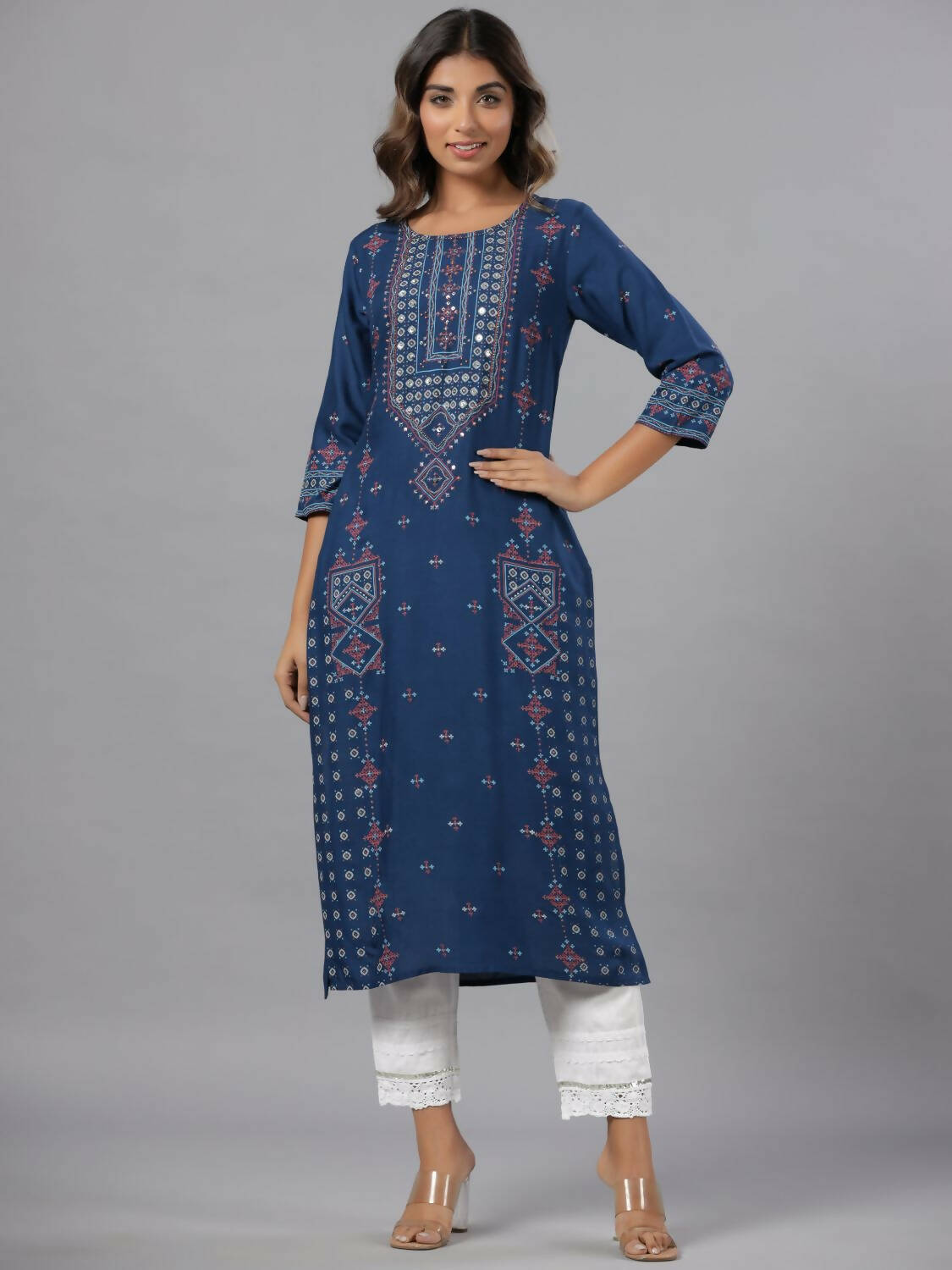 Juniper Women Navy Blue Printed Straight Kurta - Distacart
