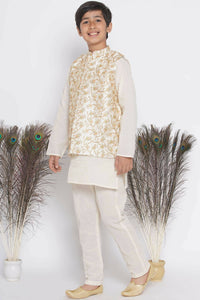 Thumbnail for Little Bansi Banarsi Silk Floral Embroidery Jacket with Cotton Kantha kurta and Kantha Pyjama - Cream - Distacart