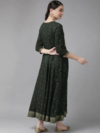 Thumbnail for Yufta Women Green & Golden Geometric Print A-Line Maxi Dress with Embroidery Detail