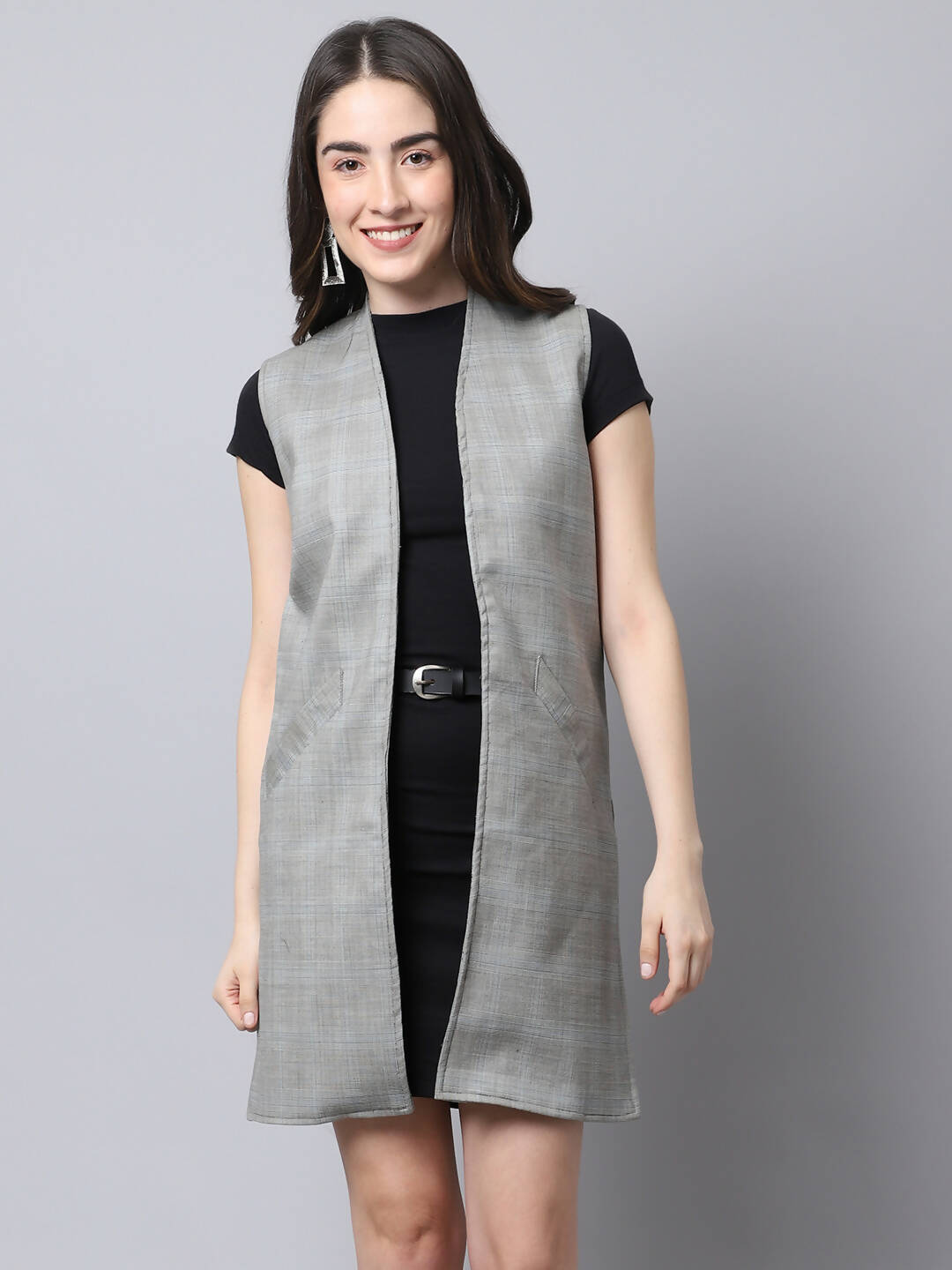 Even Apparels Grey Polywool Open Front Checked Women's Long Coat - Distacart