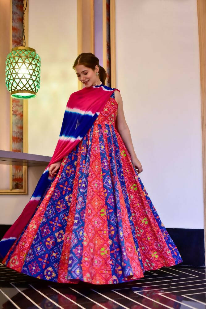 Everywhere Designer Blue & Red Silk Cotton Stitched Suit With Dupatta - Anbazaar - Distacart